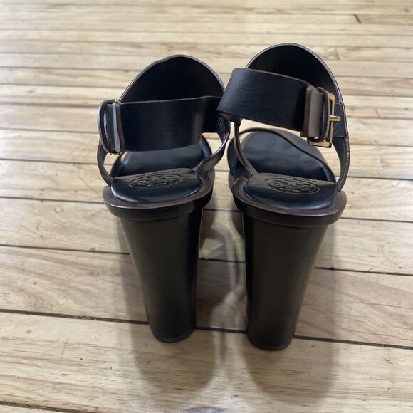 Tory Burch Genuine Leather Platform Wedge Heels Women 6 Black Boho Gold Buckle - Picture 5 of 16